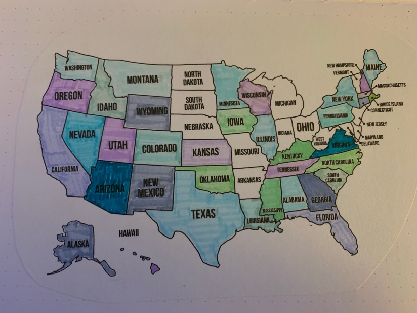 Map of the US with 37 states coloured in