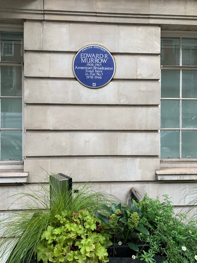 Blue plaque on a wall commemorating Edward R Murrow